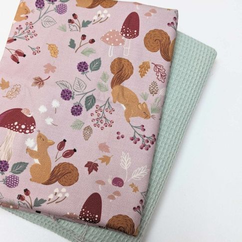 Oven Towel Bundle - "Squirreled Away" Squirrels Lilac Cotton / Vintage Mint Mini Waffle Cotton