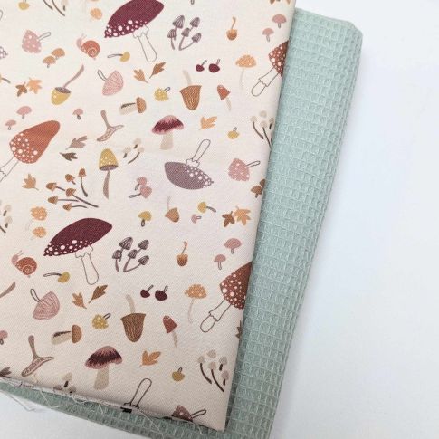 Oven Towel Bundle - "Squirreled Away" Mushrooms Cream Cotton / Vintage Mint Mini Waffle Cotton