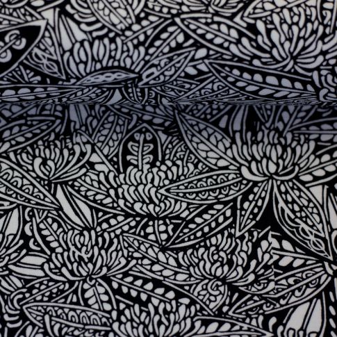 BOLT END - 145 CM - Cotton Jersey - "Autumn Flowers" Black and White - Swafing