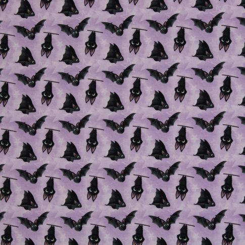 BOLT END - 135 CM - Cotton Jersey - "Bruce and Friends"  bats on purple - Swafing