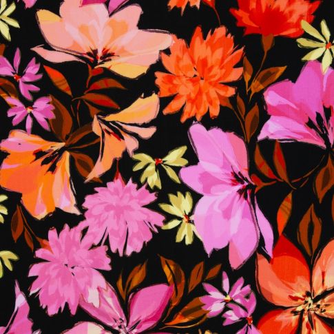 Viscose Challis Fabric - Large Scale Flowers in Orange and Pink on Black "Julia" collection