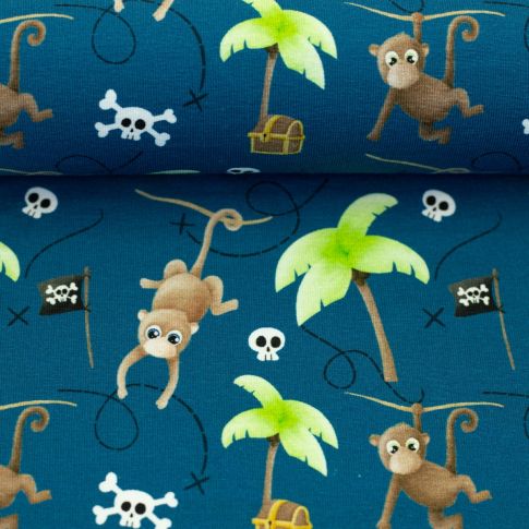 Cotton Jersey "Ahoi" Monkeys on Blue