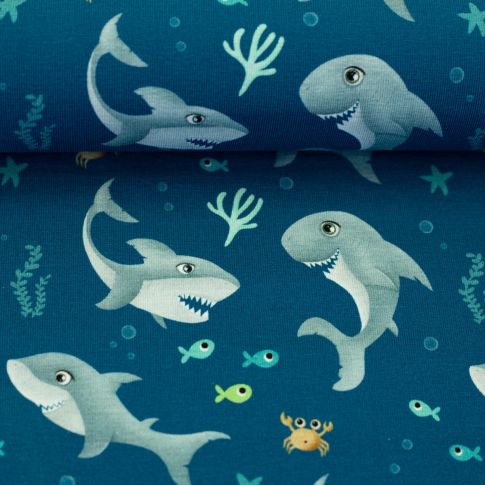 Cotton Jersey "Ahoi" Sharks on Blue