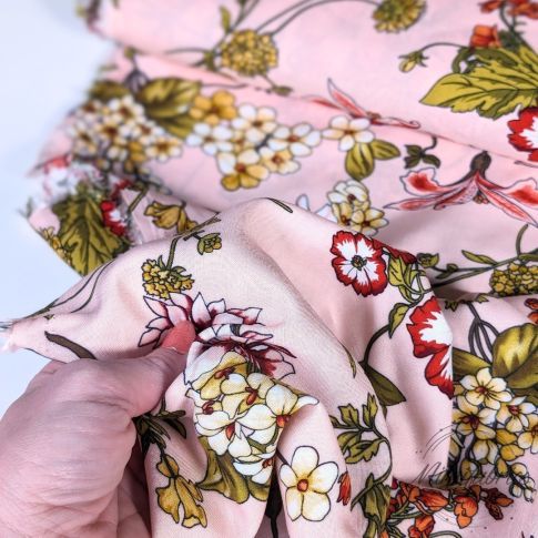 Vintage Floral Print - Viscose Challis - Pink/Red/Green