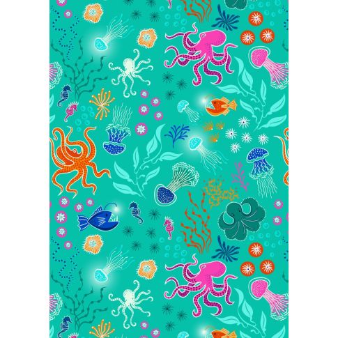 BOLT END - 100 CM - Ocean Glow by Lewis and Irene - Under the sea on sea green with glow in the dark elements - 100% Cotton (Per 1/2m)