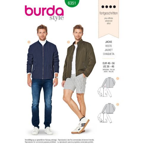 BURDA - 6351 - Men's Jacket Sewing Pattern - Level Advanced