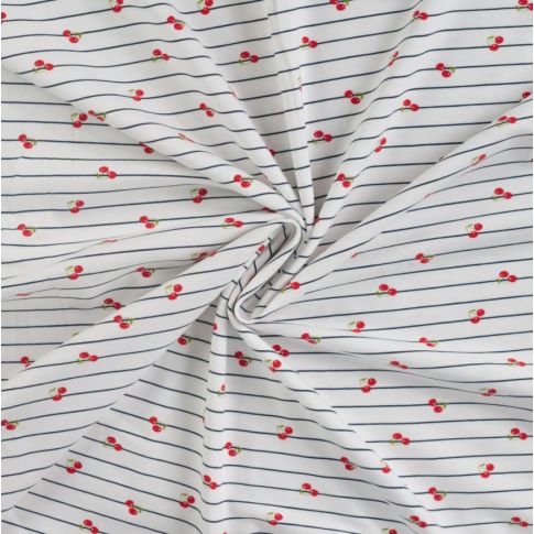 BOLT END - 100 CM - Cotton Jersey - Mini Cherries on Stripes