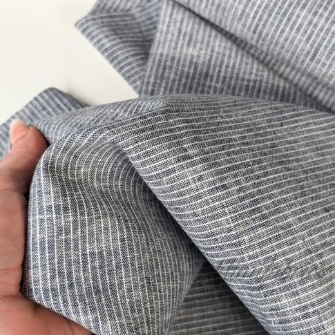 Pinstripe Linen Cotton Blend Fabric - Denim Blue