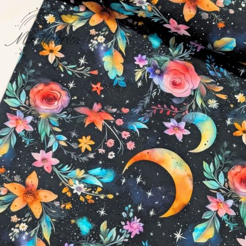 BOLT END - 100 CM - Jersey Knit - Night Flowers and Crescent Moon