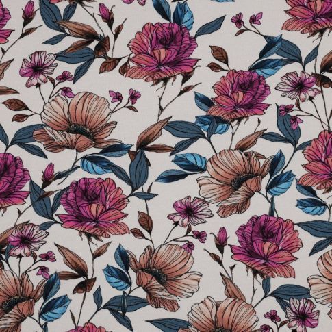 BOLT END - 190 CM - Large Watercolor Floral - Jersey Knit Fabric - Taupe