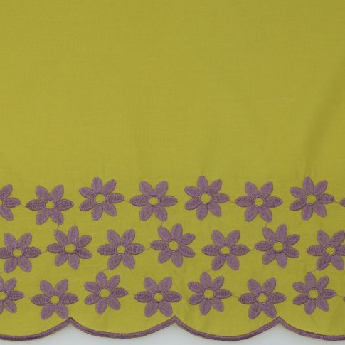 Cotton Poplin - Green with Purple Floral Embroidery and Scalloped Edge