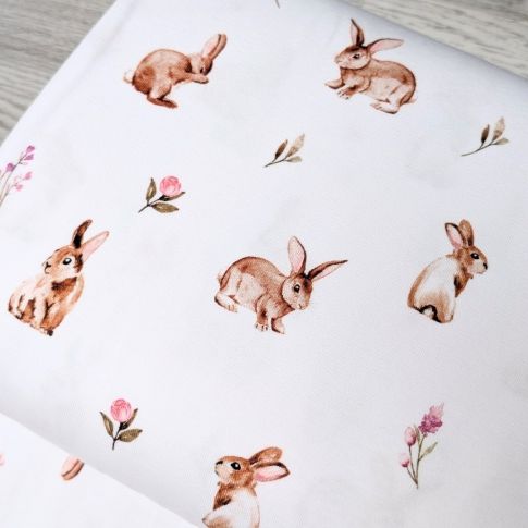 BOLT END - 130 CM - Jersey - Rabbits and Flowers on White