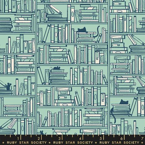 BOLT END - 160 CM - 100% Cotton - "Reading Nook"  Library in Soft Aqua- By Ruby Star Society per 1/2m