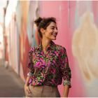 "Lush Leaves" Olive and Fuchsia on Dark Forest Green by Nerida Hansen - Cotton Satin