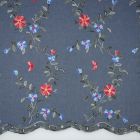 BOLT END - 225 CM - Chambray Denim Blue with Red and Blue Flower Embroidery and Scalloped Edge