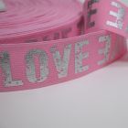 "Soft Touch" Elastic 40mm - LOVE  Light Pink with Silver Letters