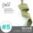 Emmaline Zippers (3 yard pack) - Size #5 - Olive Tape  / Light Gold Coil