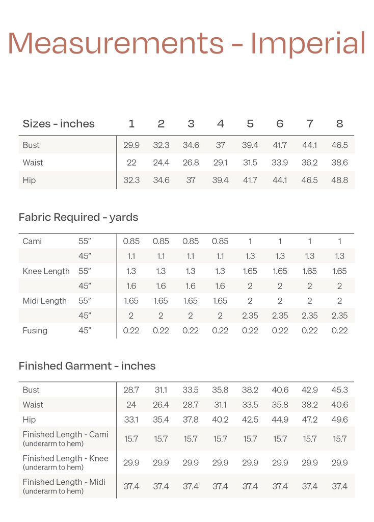 Maya Cami Size Chart Imperial