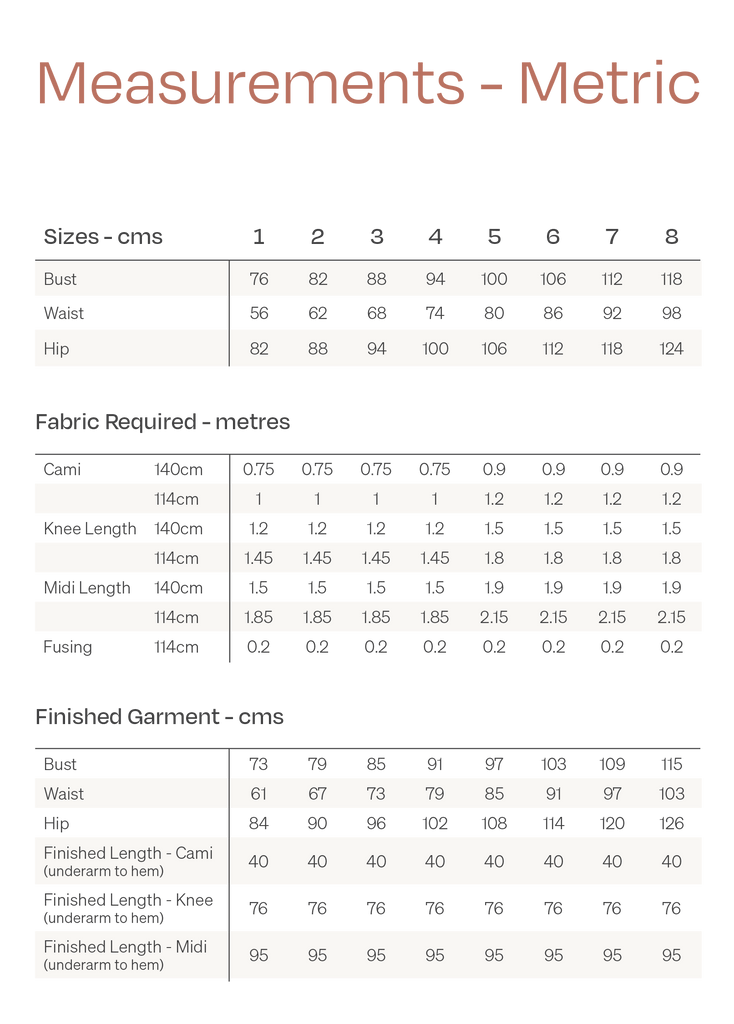 Maya Cami Size Chart Metric