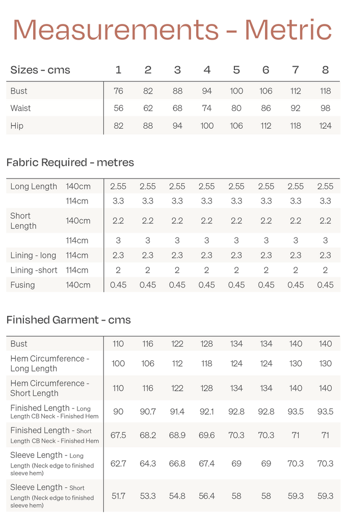 Nova Coat Size CHart Metric