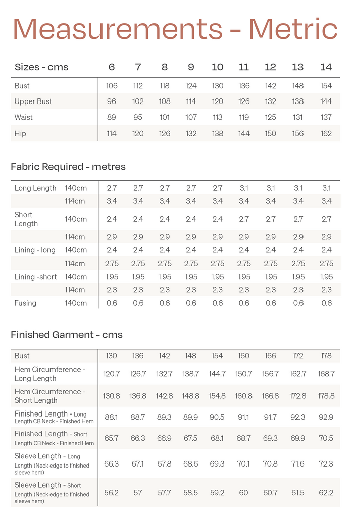 Nova Curve Coat Size Chart Metric