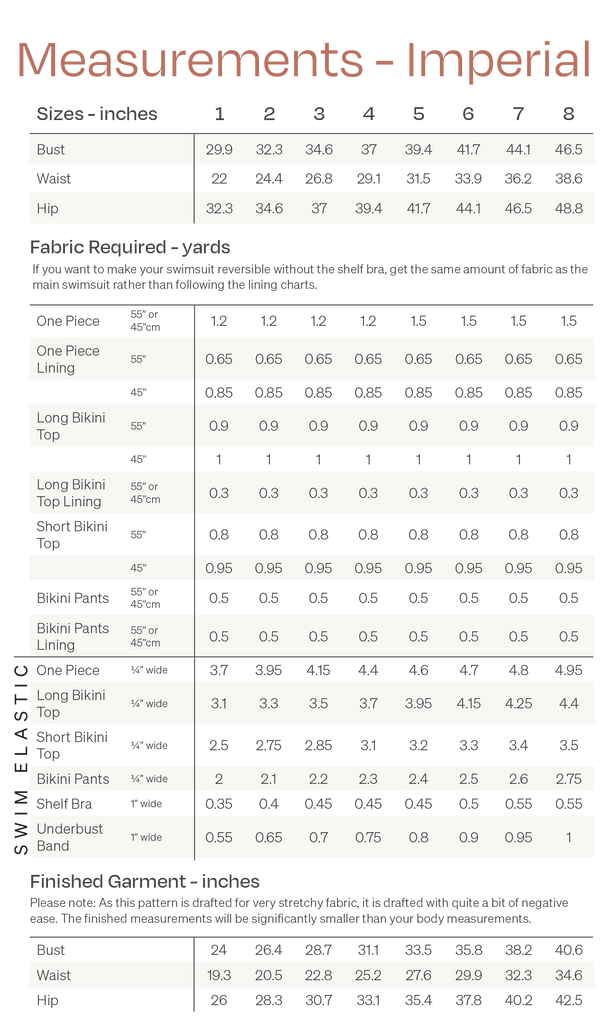 Kaia Swimsuit Size Chart Imperial