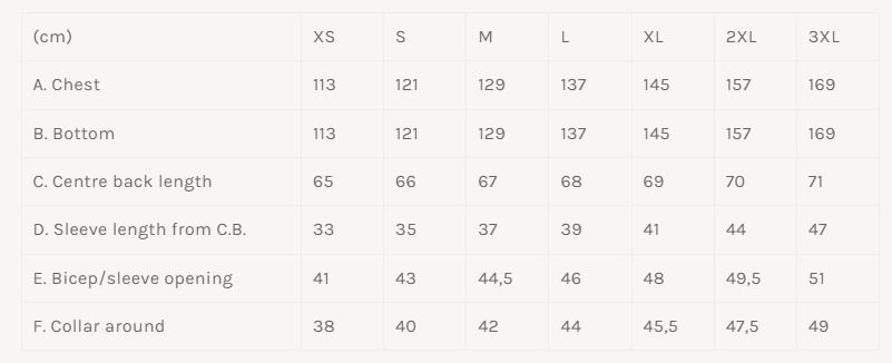 Cap Sleeve Shirt Size Chart